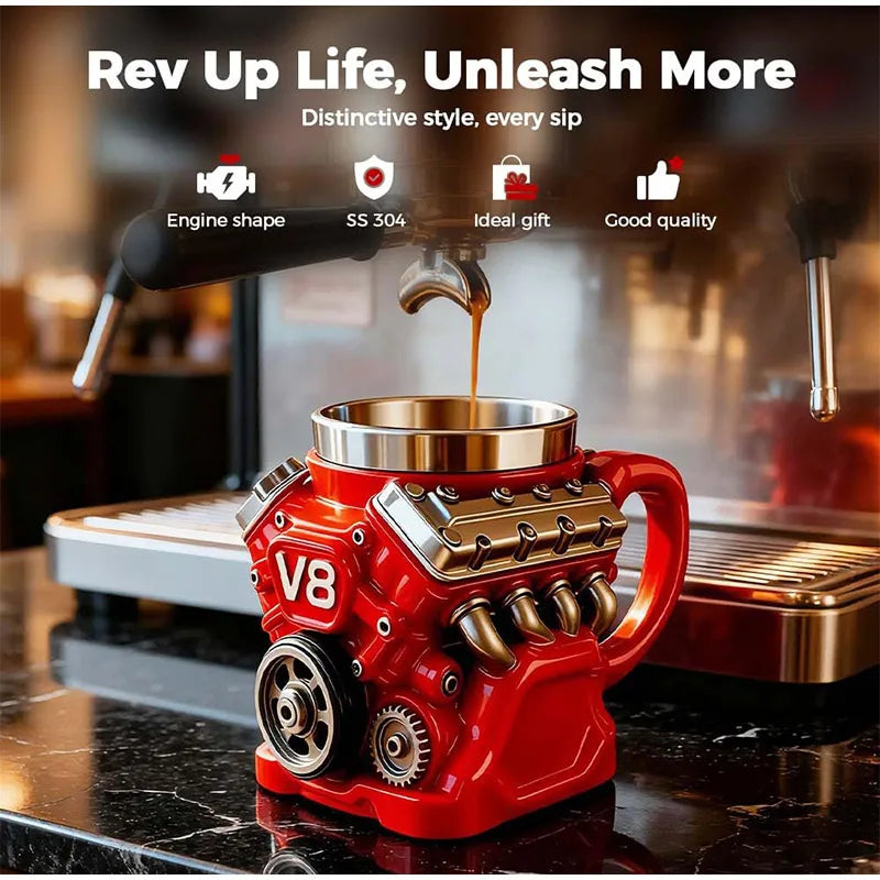 V8 Engine Coffee Mug, Retro Engine Coffee Mug V8 Stainless Steel Cup Double Wall Insulation With Handle For Car Enthusiast Gift