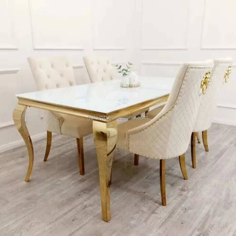 Italian Furniture Luxury Dining Table Set 4 6 8 Chairs Restaurant Dining Table and Chair Set Stainless Steel Marble Dining Table