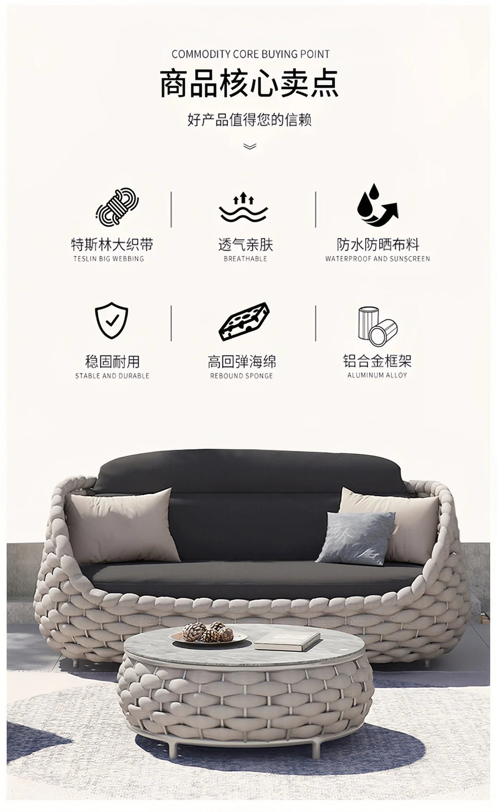 `Outdoor Rattan Sofa Coffee Table Set Waterproof UV Resistant Villa Courtyard Garden Terrace Leisure Wicker Patio Furniture`