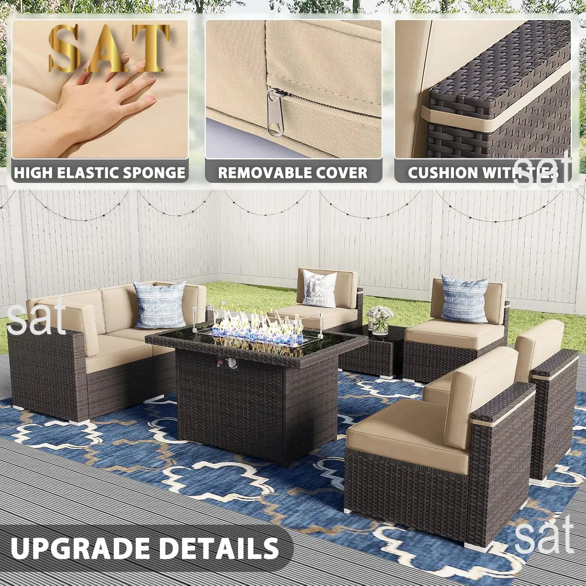 u*-8 Pieces Patio Furniture Set With 44" Propane Gas Fire Pit Table, Outdoor Sectional Brown Rattan Wicker, Customized