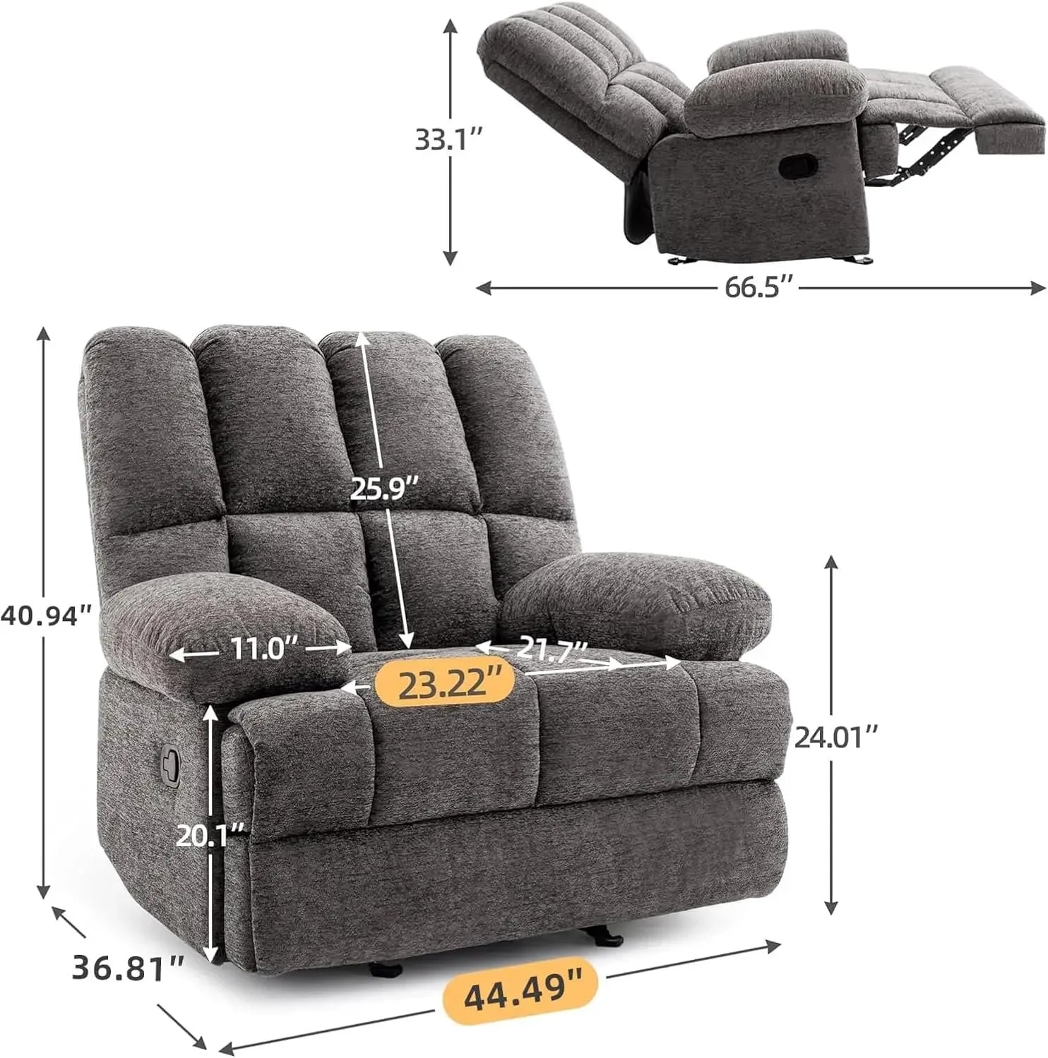Oversized Recliner Chair, Rocking Recliners, Overstuffed Soft Big Man Manual Rocker Recliner, Extra Large Living Room Chair 350