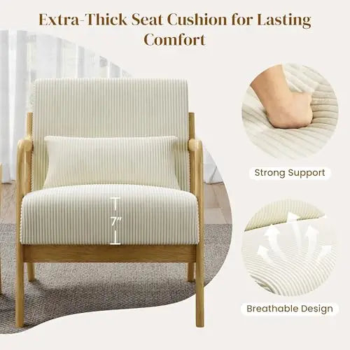 Accent Chair for Living Room, Corduroy Mid Century Modern Reading Armchairs with Lumbar Pillow for Bedroom, Decorative