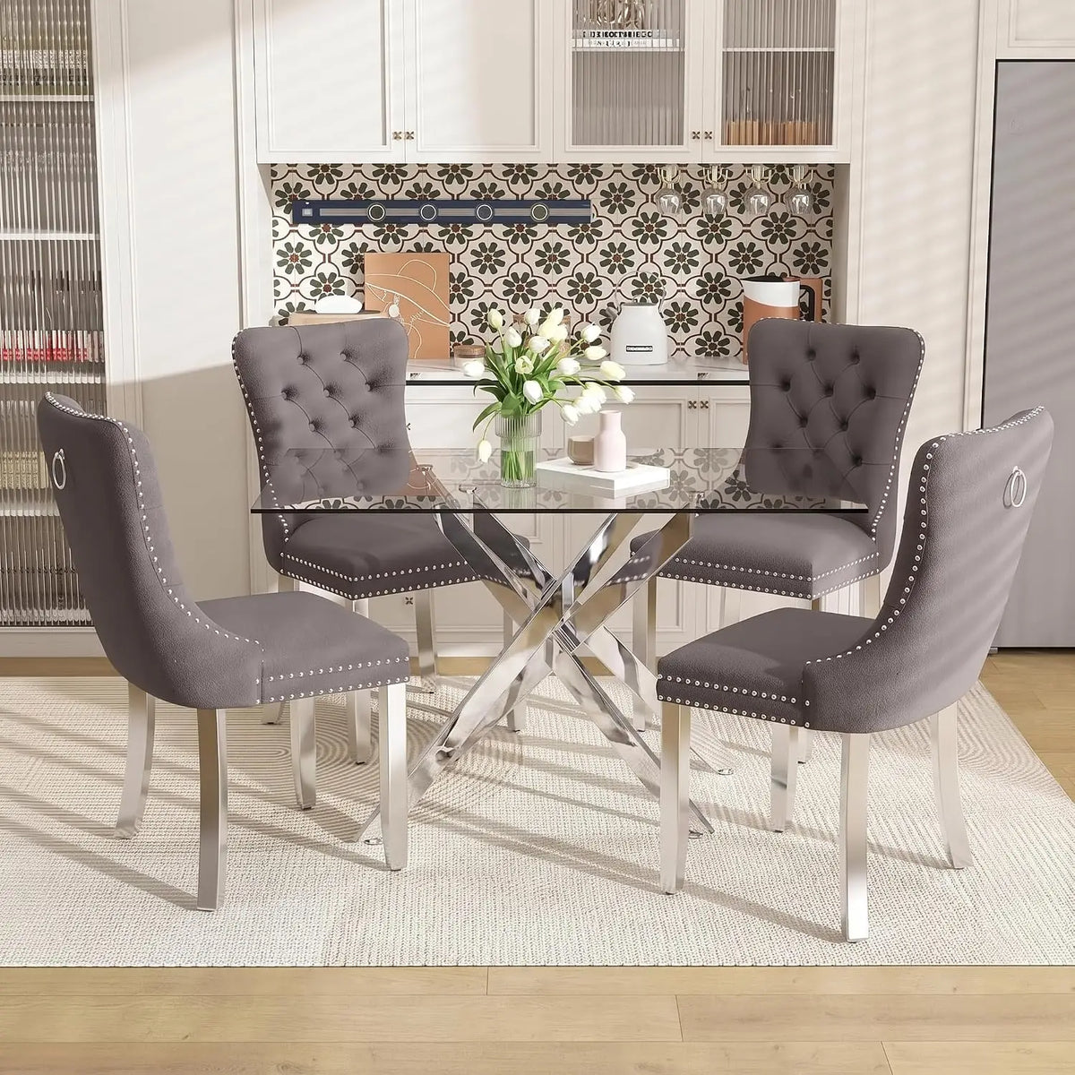 51" Glass Dining Table Set for 4, Grey | Tempered Glass Top, Silver Metal Legs, Velvet Chairs, Modern Dining Room Set, Custom