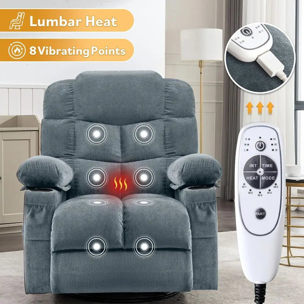 Large Oversized Swivel Massage Recliner with Lumbar Heat, Cup Holders, and USB Port
