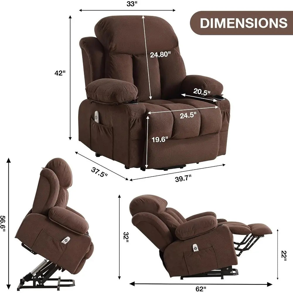 Power Lit Recliner Chair or Elderly with Vibration Massage and Lumbar Heating Electric Oversized Single Soa with Cup Holder and