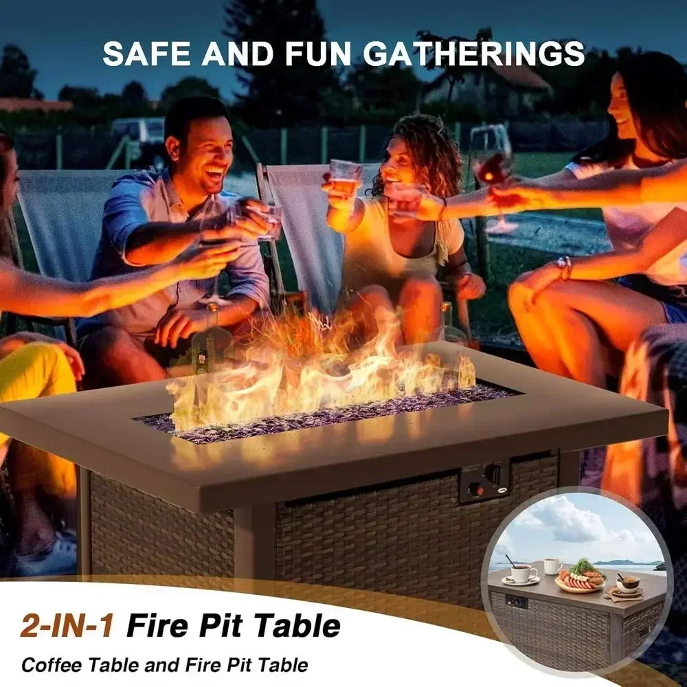 8-Piece Outdoor Patio Sectional Set with 44 Propane Wicker Table, Cushioned for Backyard, Poolside, Garden in Black
