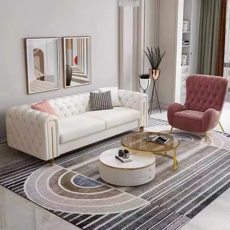 Modern French Style High Back Armchair Luxury Fabric Buckle Sofa Living Room Furniture for Small Apartment Simple Flannel