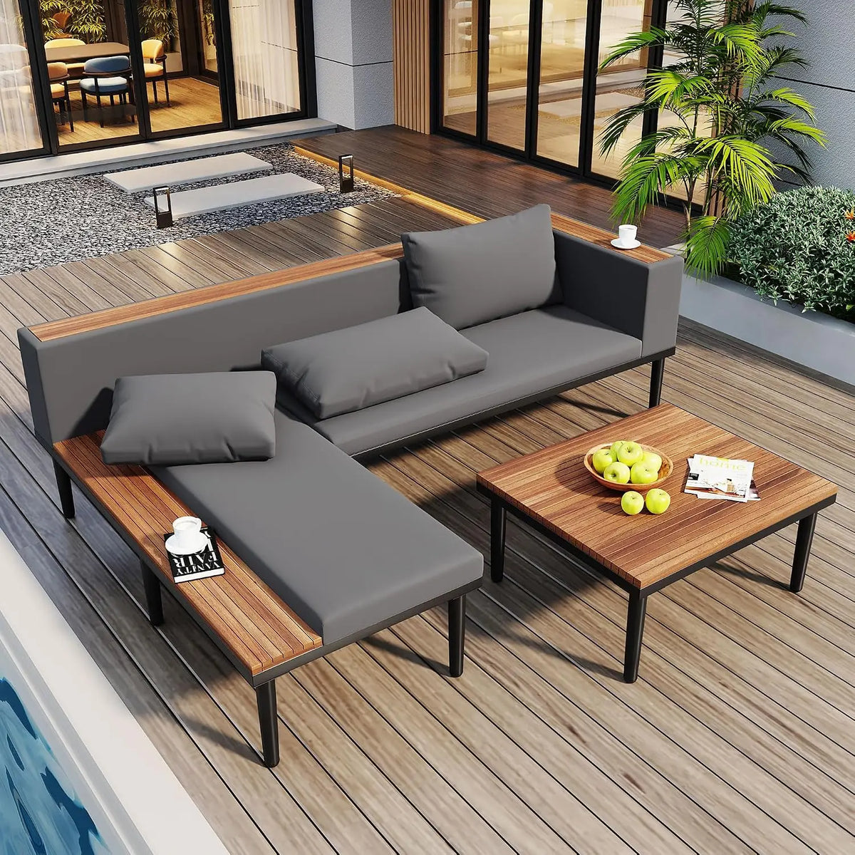 4-Piece Patio Set, All Weather Sectional w/ 2 Chairs, Loveseat & Table, Acacia Wood Outdoor Furniture with Cushions, Customized