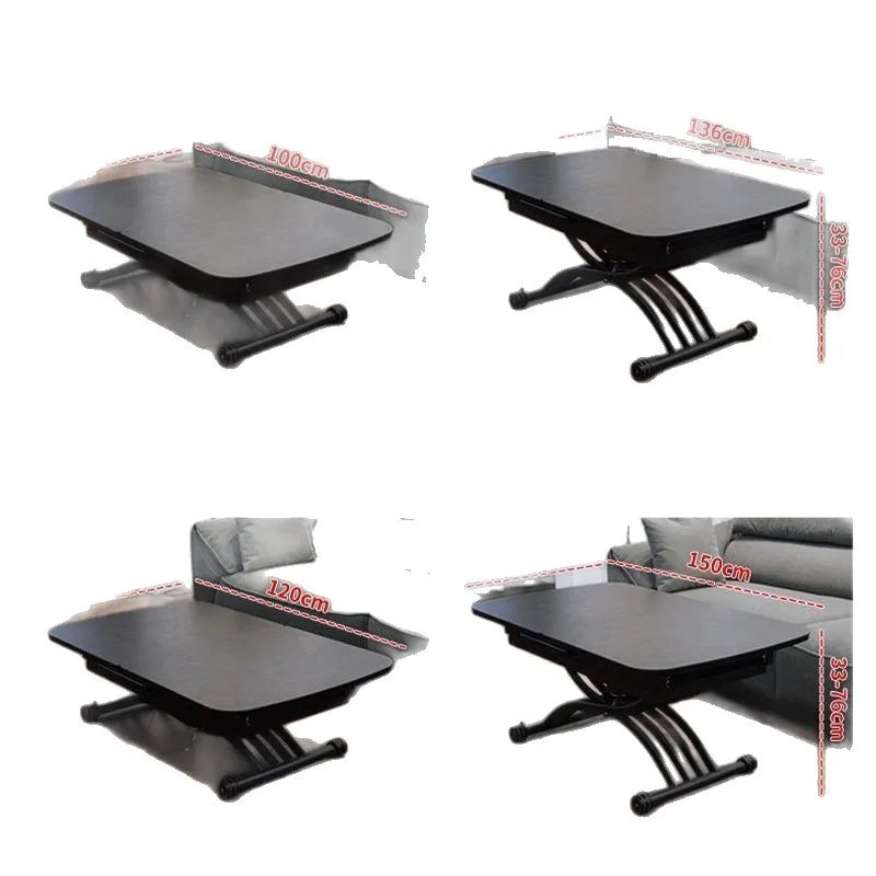 Black light luxury rock slab lifting coffee table dining  dual-purpose retractable mobile dining