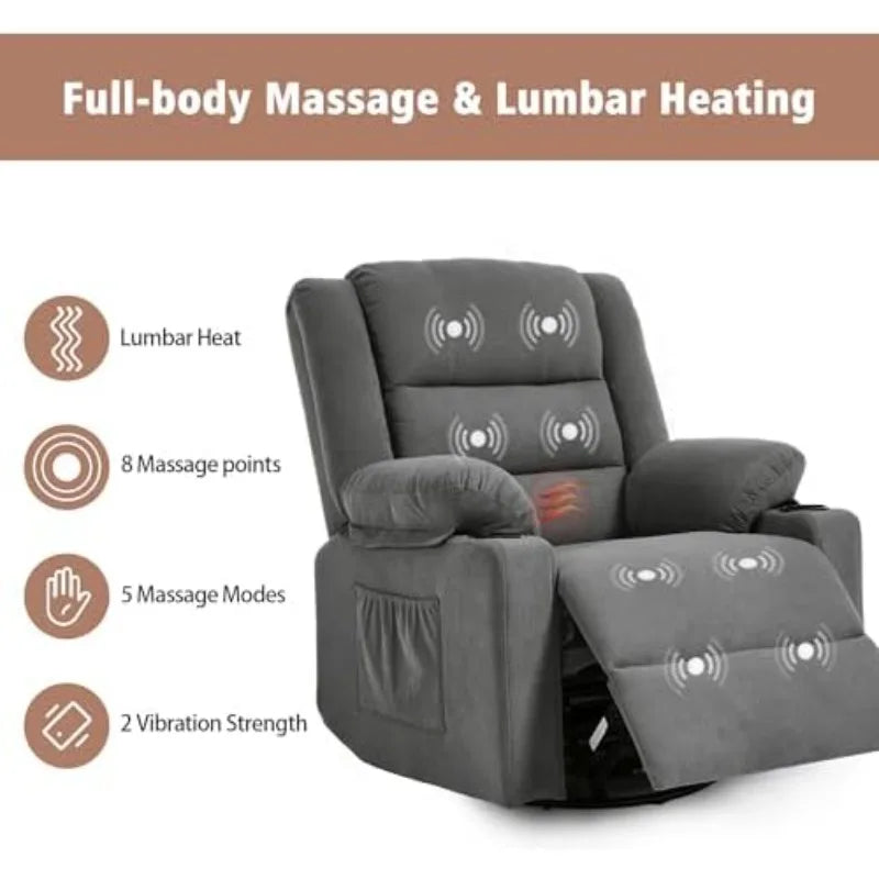Swivel Rocker Recliner Chair for Adults with Massage and Heat, Cup Holders and Side Pockets, Glider Rocking Reclining