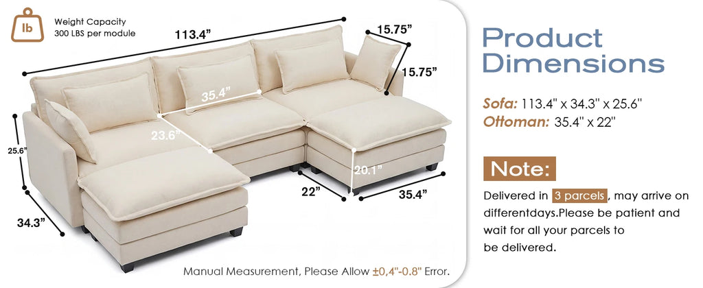 Redlife 113.4" Modular Sectional Sofa with Ottoman, Comfy Cloud Couch with Deep Seat (23.6" D), Solid Wood Frame,for Living Room