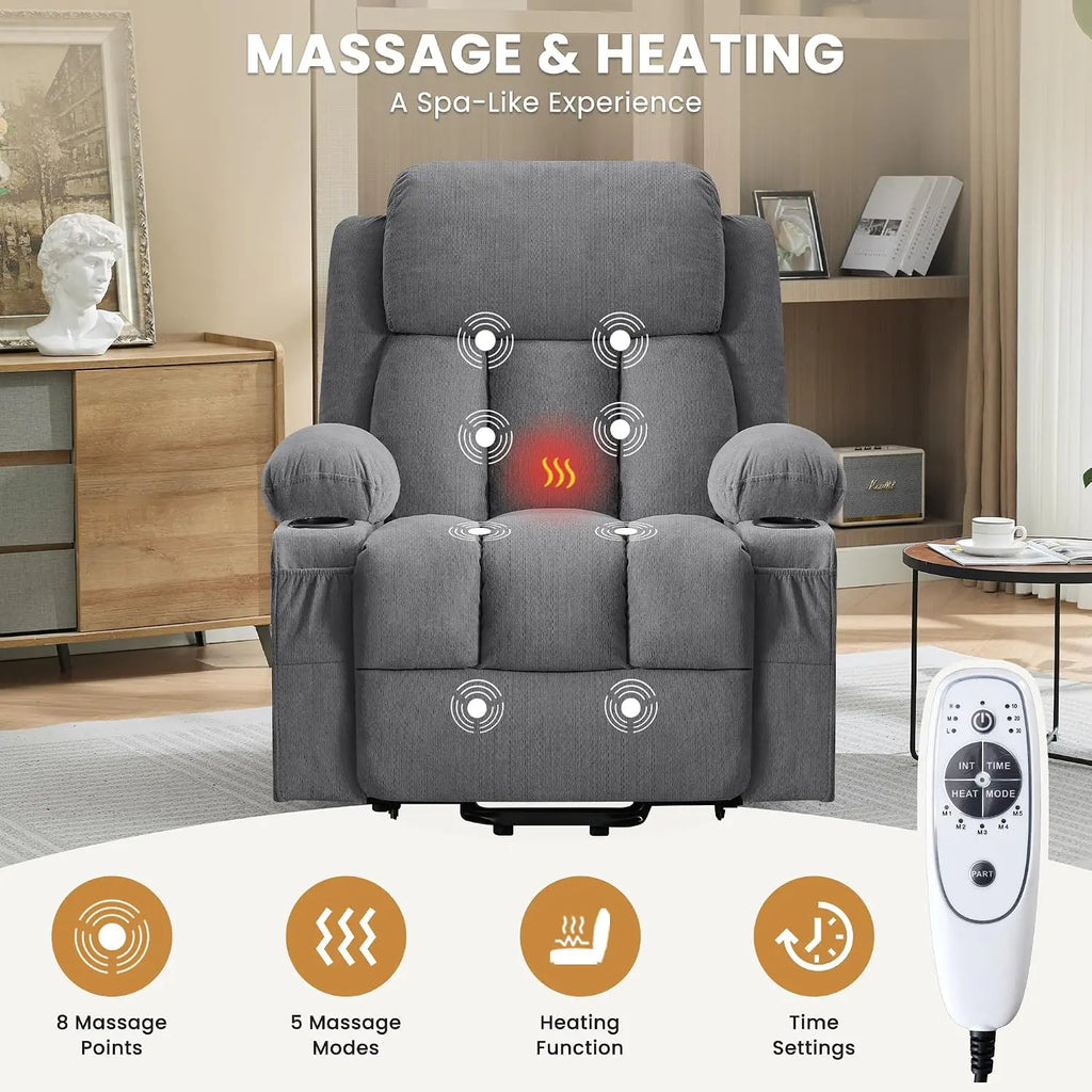 Power Lift Recliner Chair for Elderly with Vibration Massage and Lumbar Heating Electric Oversized Single Sofa with Cup Holder