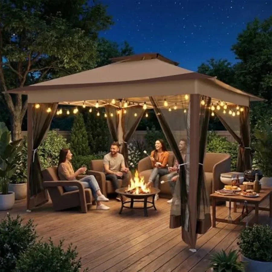 Pop Up Gazebos On Clearance - Upgrade Easy Up Metal Outdoor Gazebo Waterproof - Portable Gazebo with Mosquito Nettings, 4 Ropes