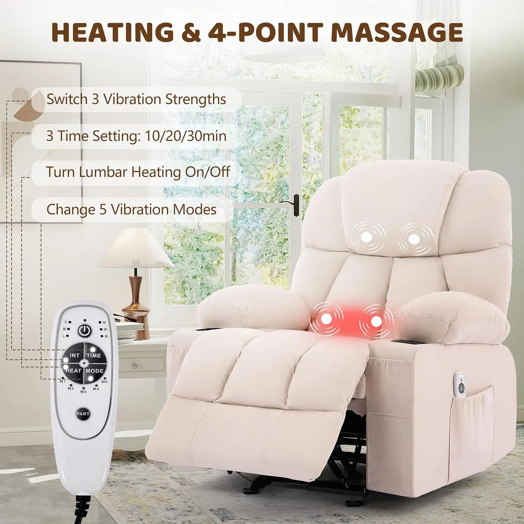 Massage Rocker Recliner Chair with Heat & Vibration Nursery Glider 4 Pockets 2 Cup Holders Fabric Beige, Customized