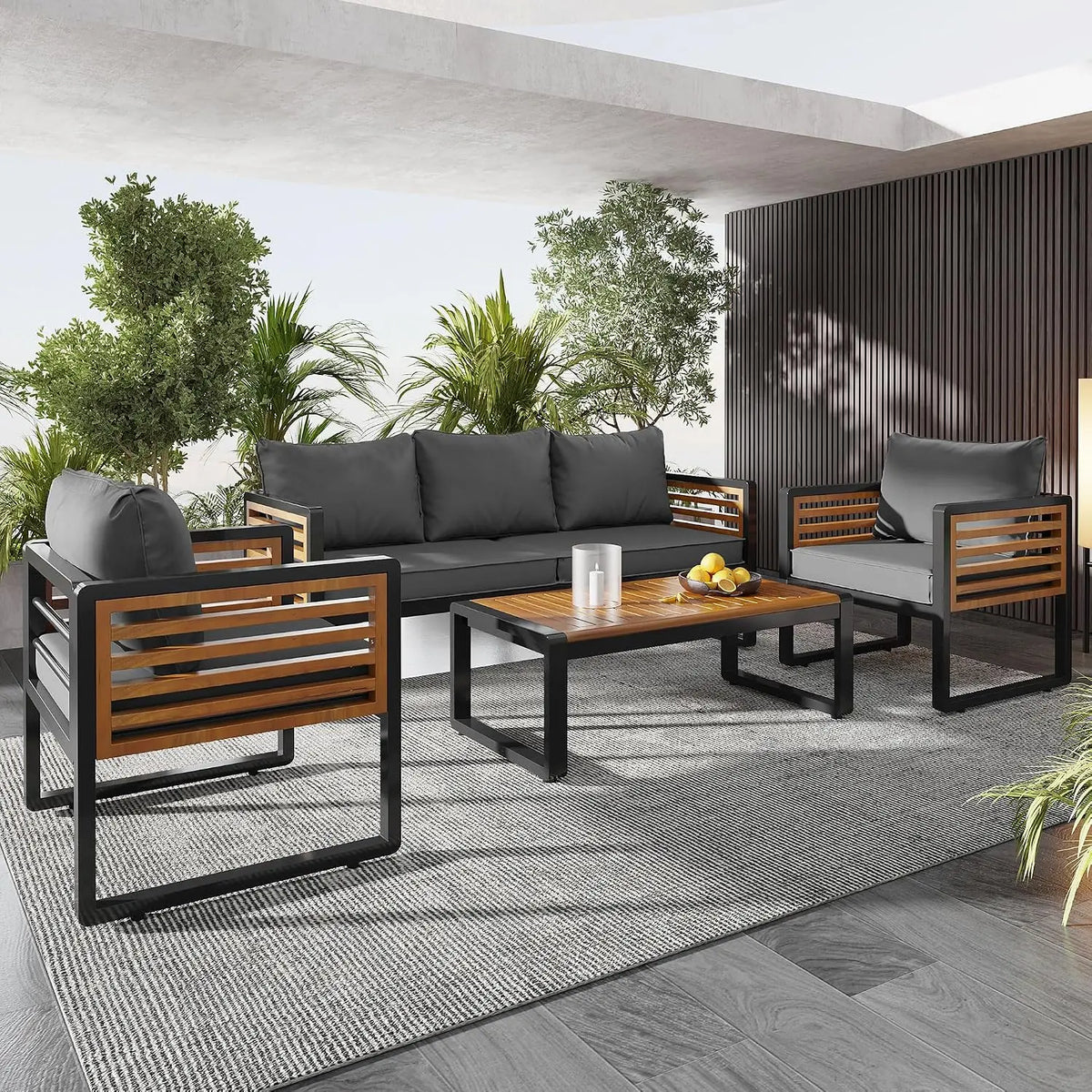 4-Piece Patio Set, All Weather Sectional w/ 2 Chairs, Loveseat & Table, Acacia Wood Outdoor Furniture with Cushions, Customized