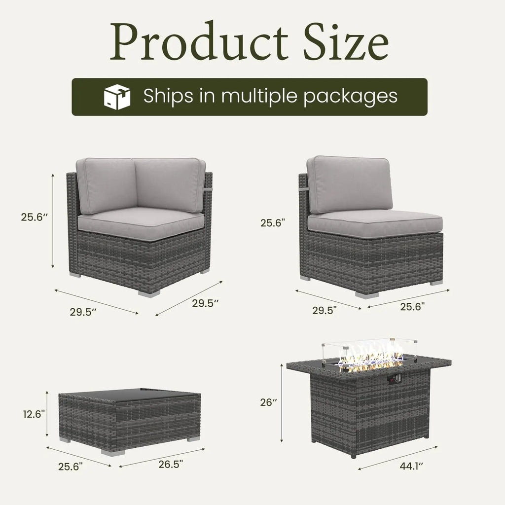 8 Piece Patio Furniture Set with 44" Propane Gas Fire Pit Table, Outdoor Sectional Conversation Set Wicker Rattan, Customized