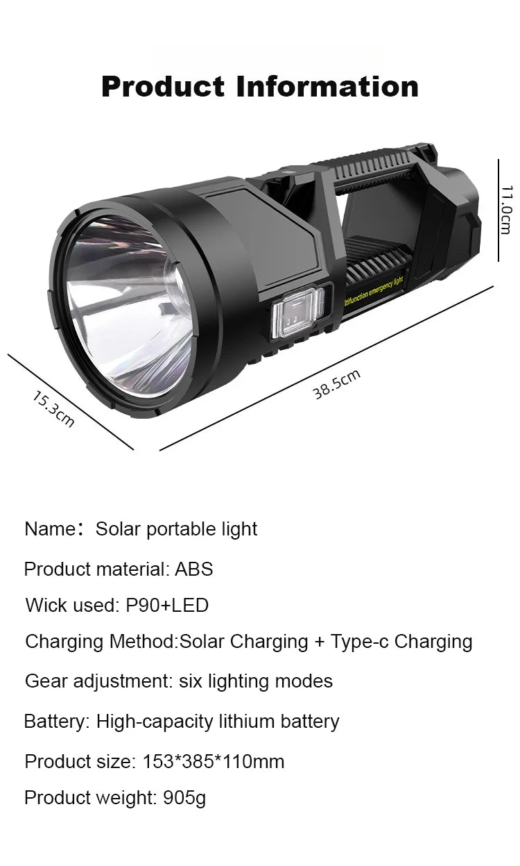 Extra Large Flashlight 22/27/38.5cm Outdoor Solar Flashlight Rechargeable Searchlight Long Range Carry Super Bright  Flashlight