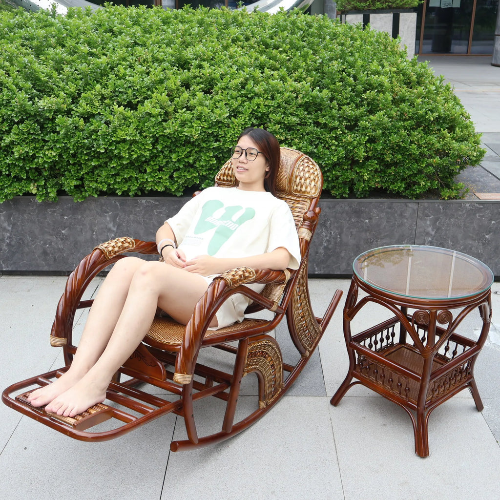 Balcony elderly rattan chair household large medium new Chinese real rattan recliner