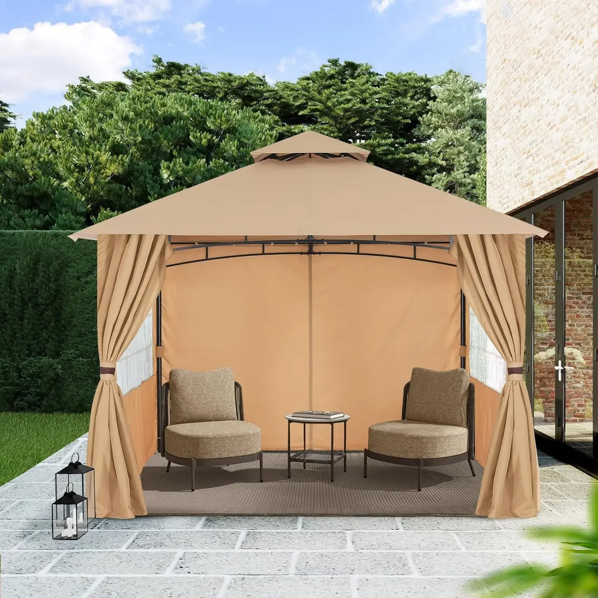 MASTERCANOPY 11x11 ft Patio Gazebo with Windows Curtains, Beige | Rustproof Steel Frame, UPF 50+ UV Protection, Fade-Resistant,