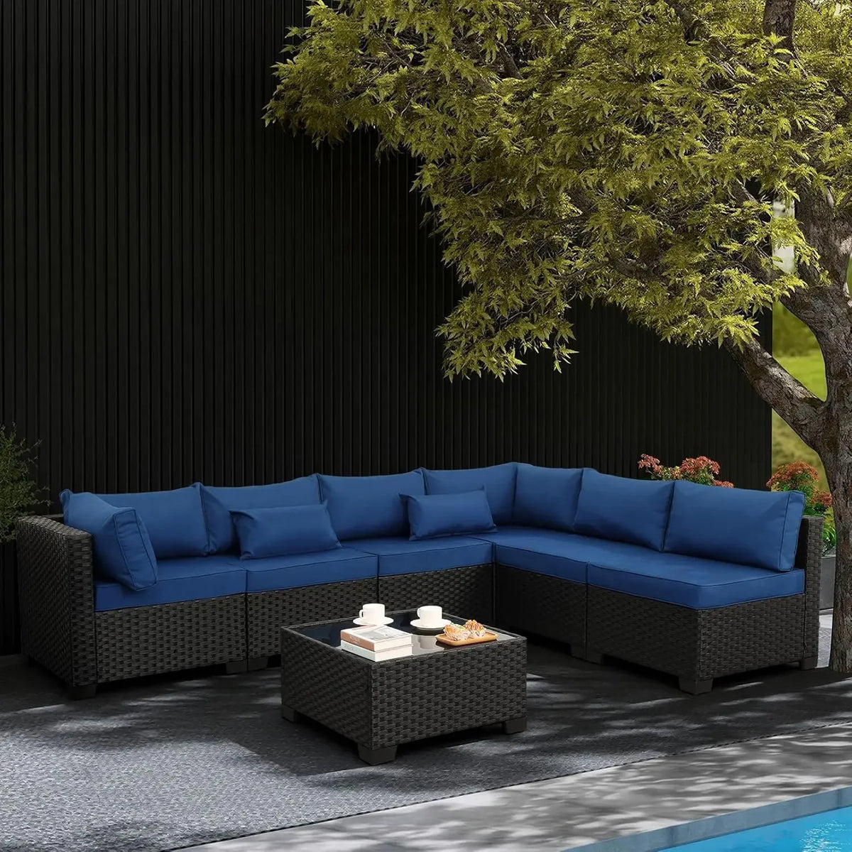 7 Pieces Outdoor PE Wicker Furniture Set Patio Rattan Sectional Conversation Sofa Set with Navy Blue Cushions and Glass Top