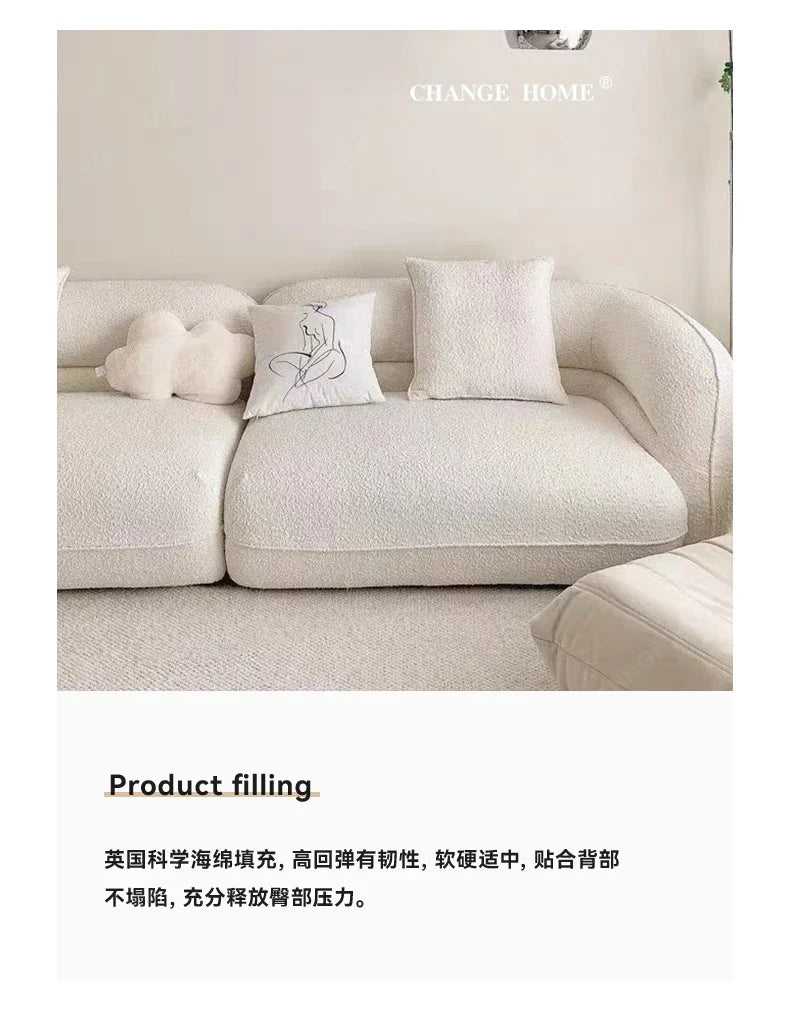 New arrive Nordic cream fabric sofa curved living room small apartment minimalist lamb wool three-person straight sofa