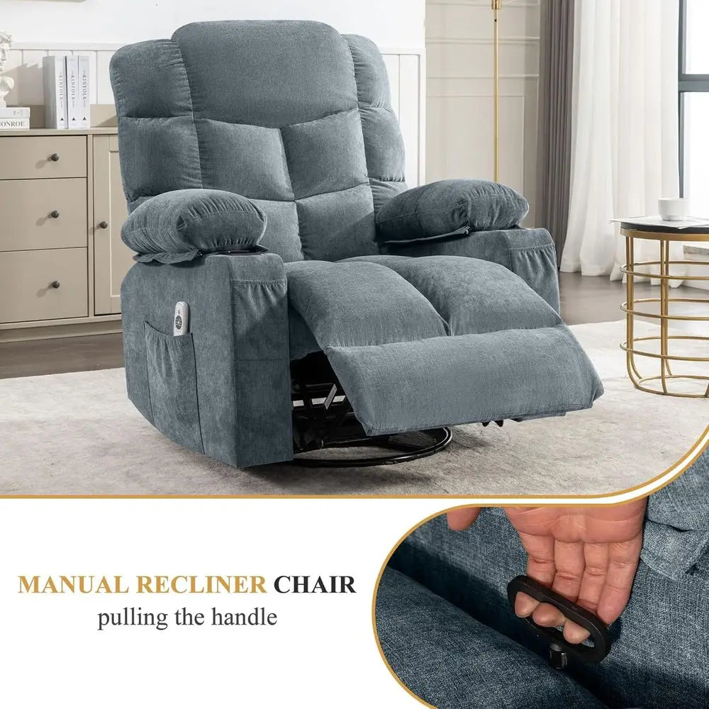 Large Oversized Swivel Massage Recliner with Lumbar Heat, Cup Holders, and USB Port