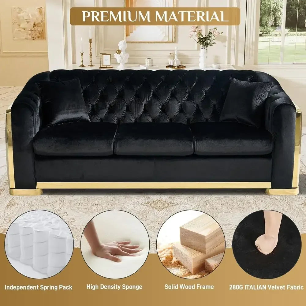 Luxurious 84 Velvet Black Sofa with Gold Legs, 3-Seat Curved Loveseat for Living Room, Includes 2 Pillows