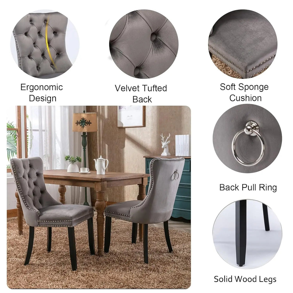 7-Piece Round Dining Table Set for 6, 47" Black Farmhouse Kitchen Table with 6 Gray Velvet Tufted Chairs, Modern Circle, Custom