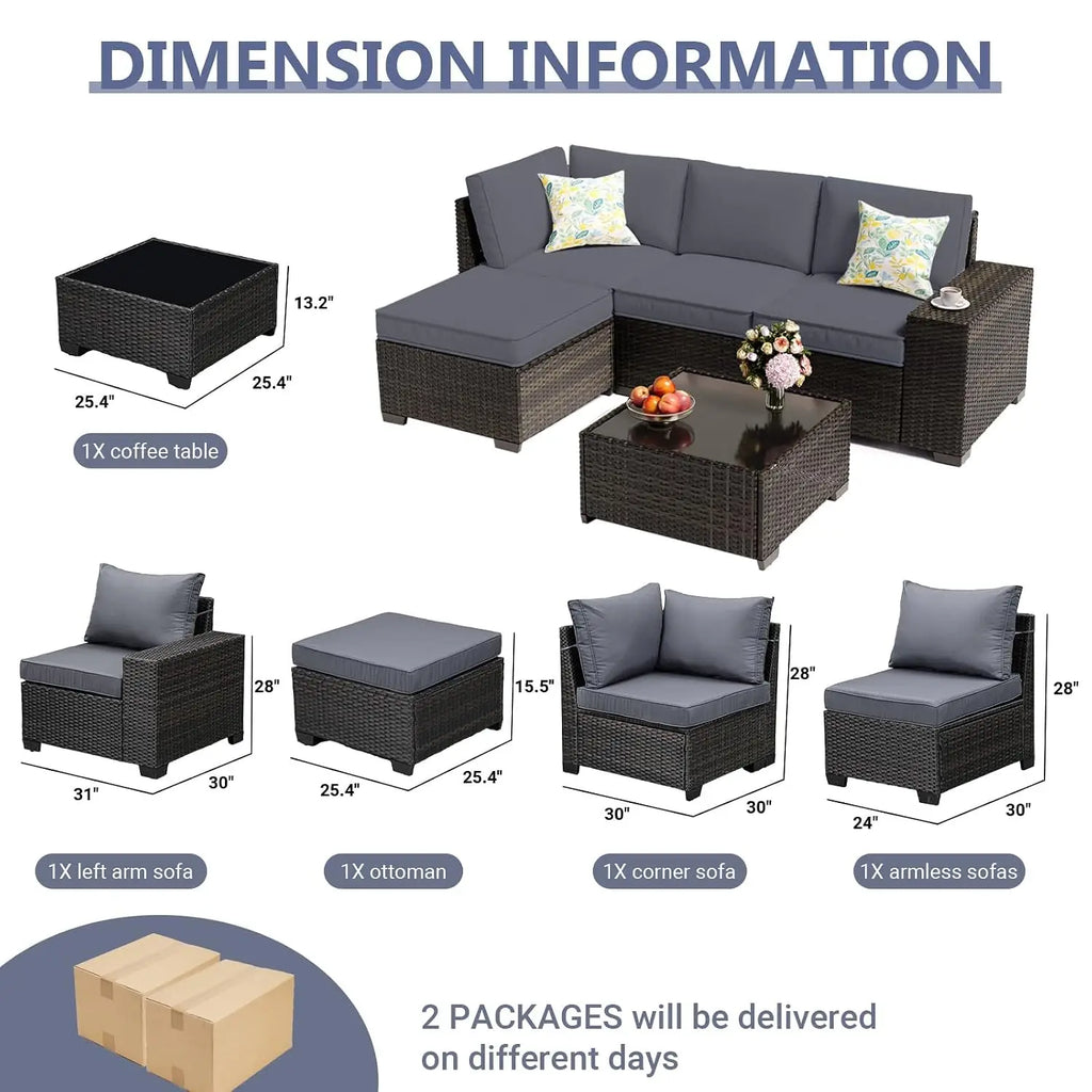 5Pcs Rattan L Shaped Patio Furniture Set,Outdoor Sofa With Waterproof Cushions&Coffee Table For Garden, Custom