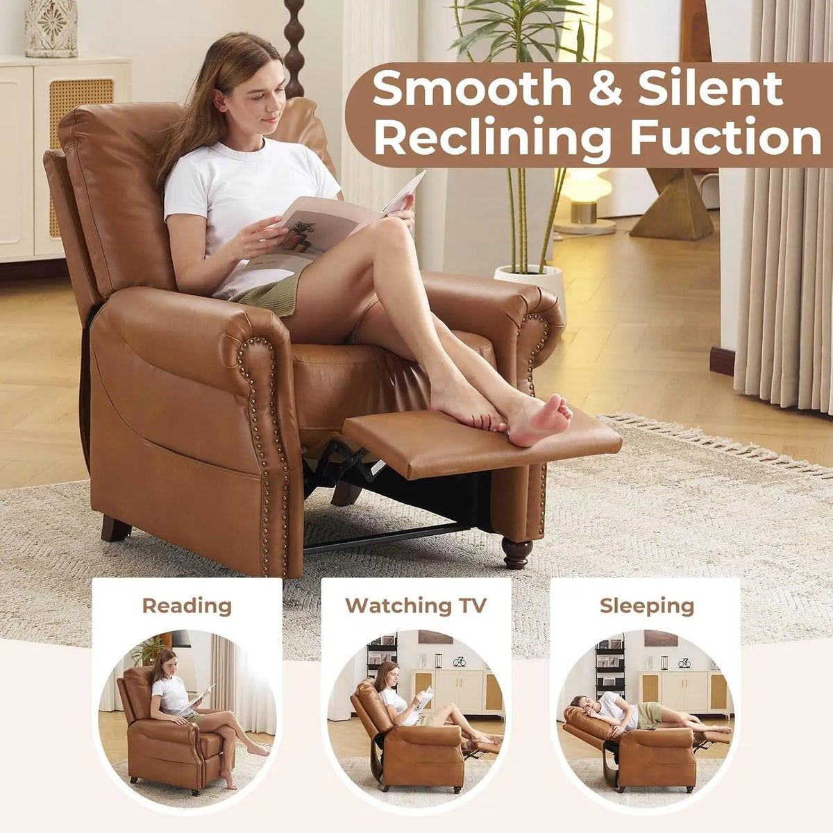 Pushback Recliner Chair with Massage and Heat, Breathable Leather Accent Sofa for Living Room, Camel