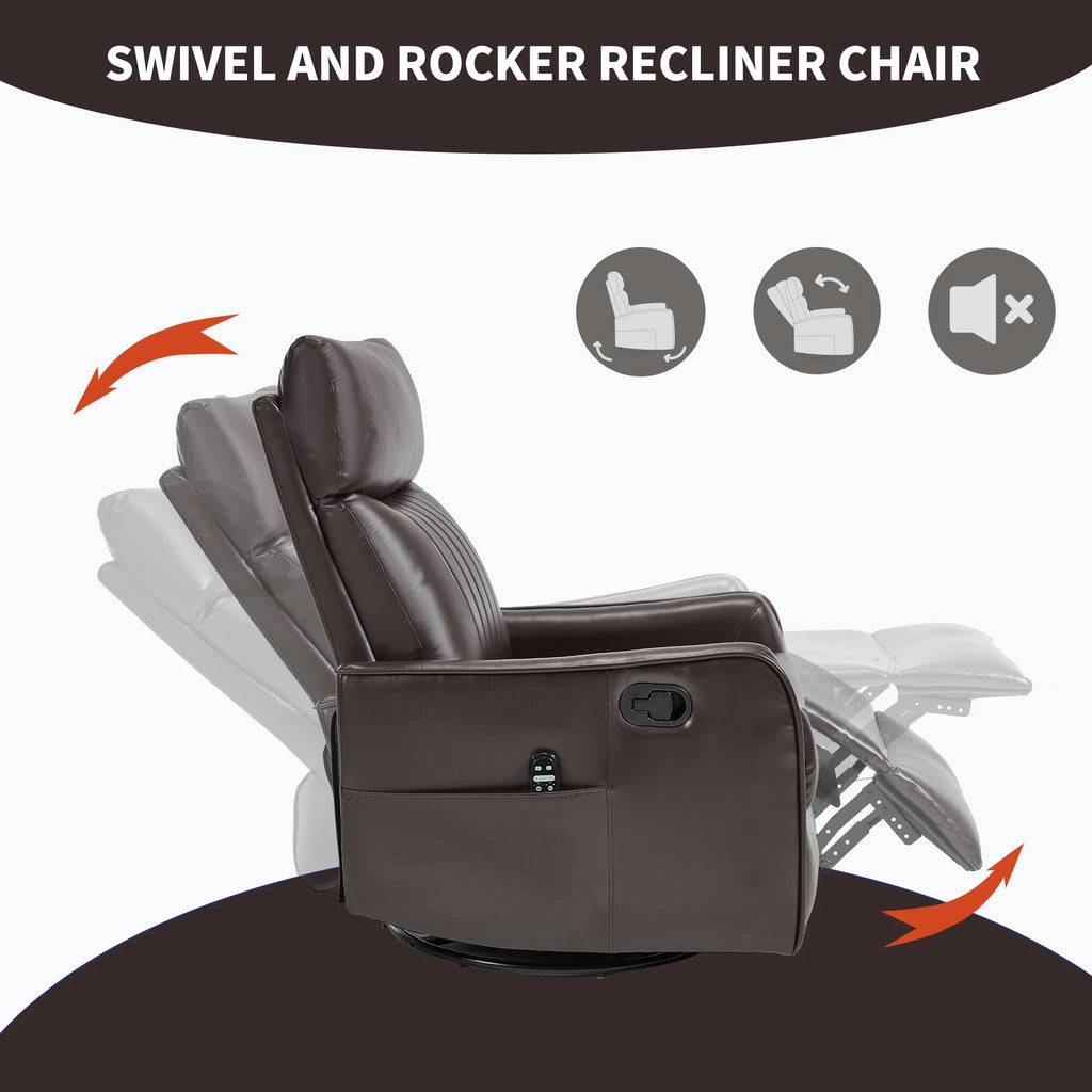 Manual Recliner Chair with Heat & Massage, Brown Faux Leather Rocker Swivel Accent Chair for Living Room