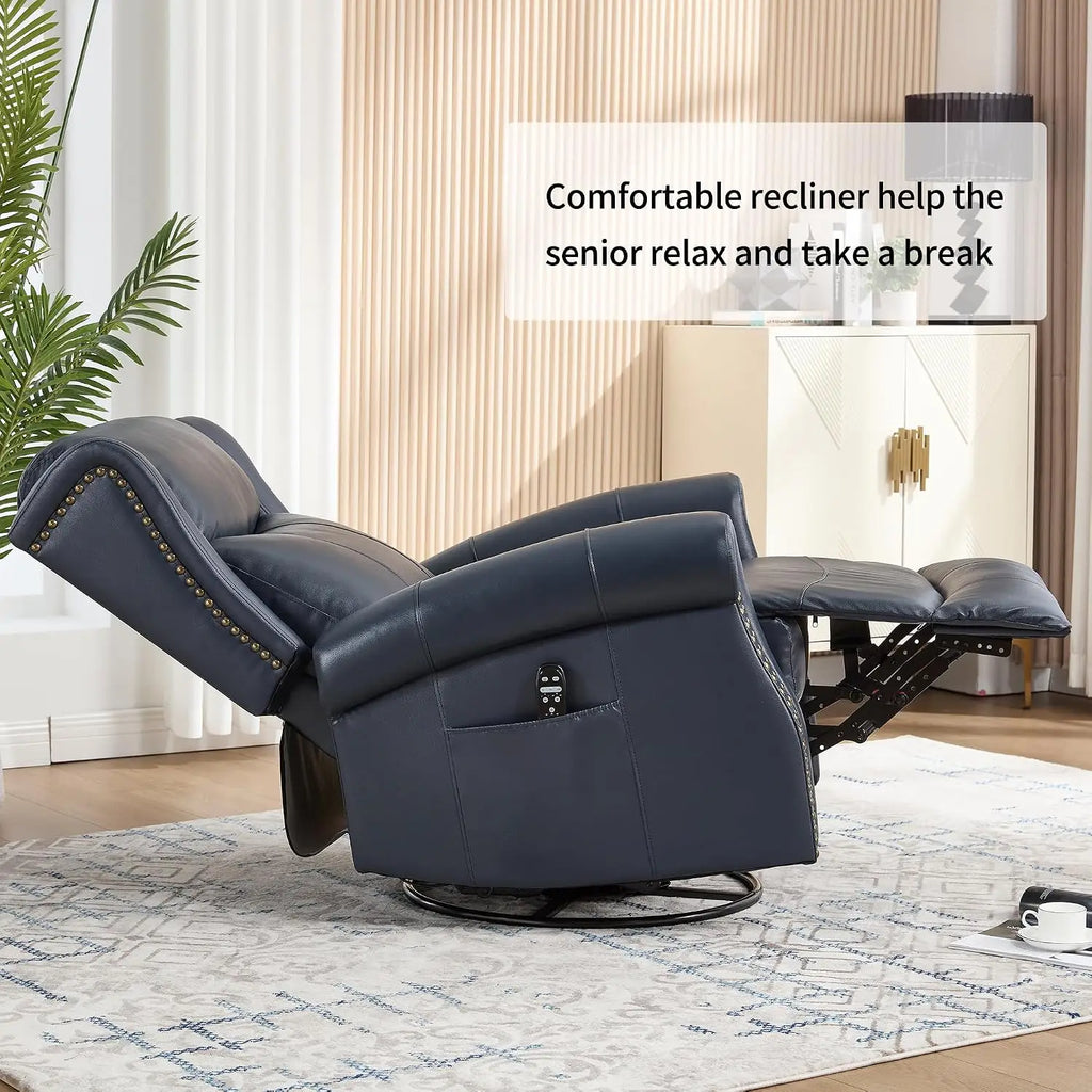 Genuine Leather Manual Recliner Chair with Swivel Rocker Massage Heat Nursery Small Space Blue, Customized