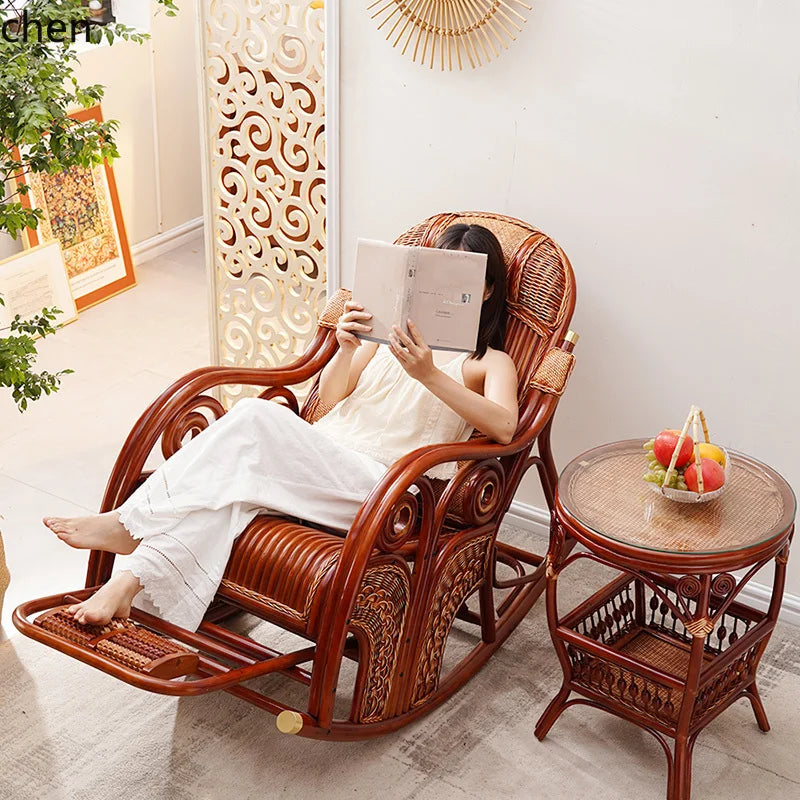 natural true rattan rocking chair recliner sofa single balcony home leisure retro cushion living room
