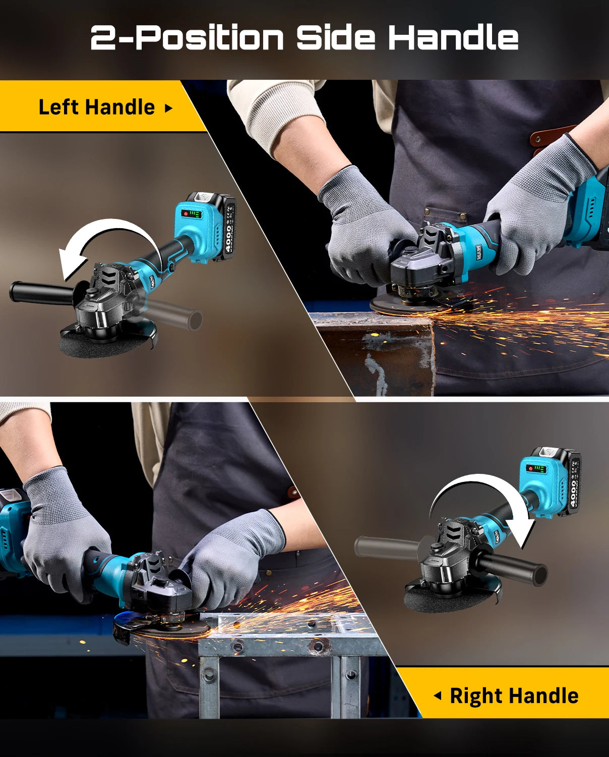 SEESII Angle Grinder Tool Cordless Brushless 4 1/2 Inch Variable Speed Settings 10000RPM Handheld Electric Power Tool with Cutting Wheels and Flap Wheels 4.0 Battery