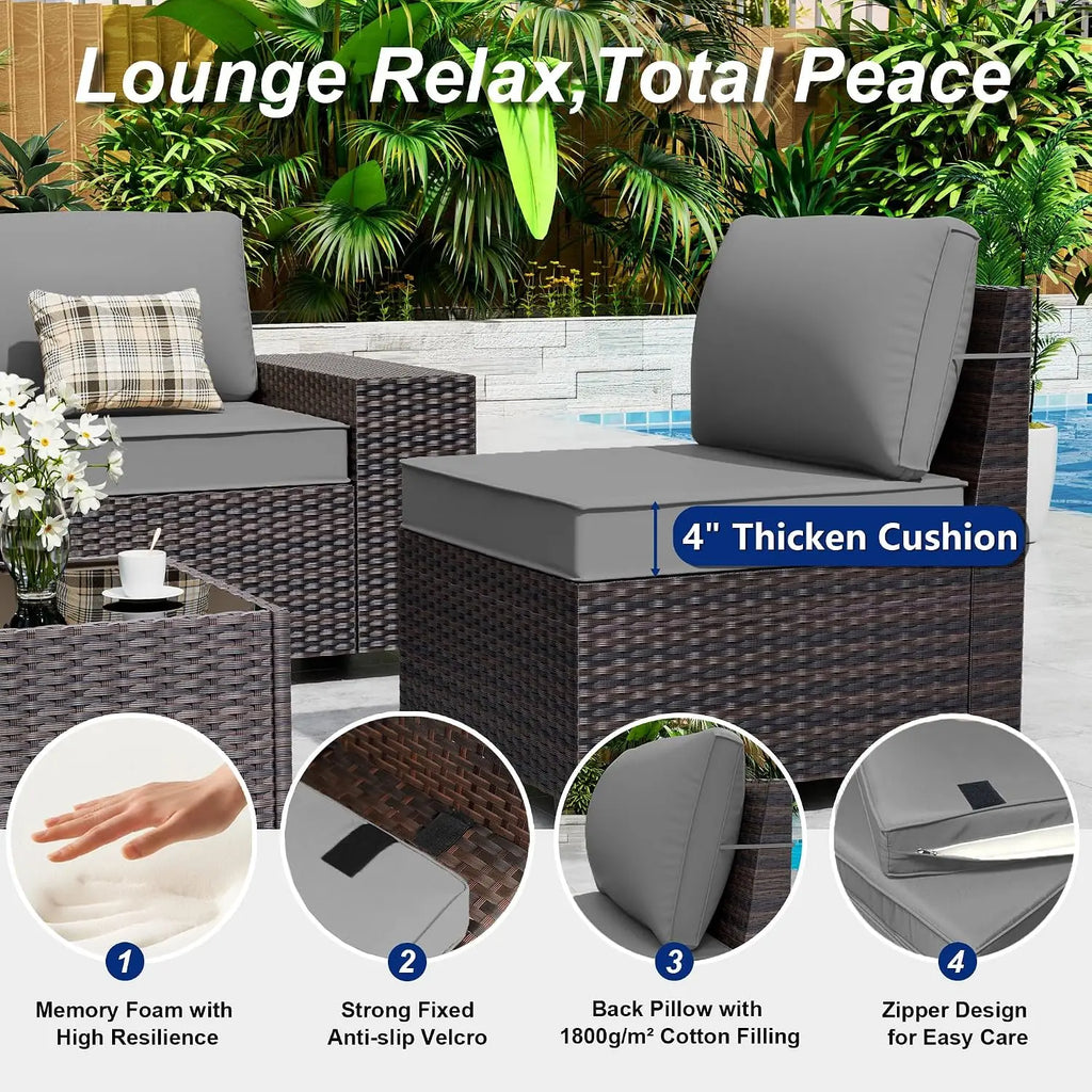 Outdoor Sectional Sofa Set w/Gas Fire Pit, 7 Pieces PE Wicker Patio Furniture, 43in Propane Table, Grey, Customized