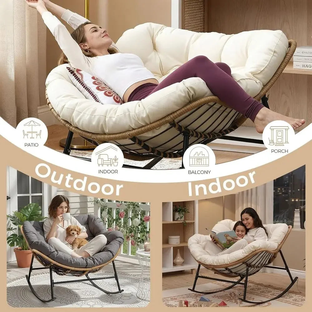 Patio Rocking Chair Set o 2, Outdoor Indoor Oversized Papasan Chairs, 2 Person Double Wicker Egg Rockers with Padded Cushions, C