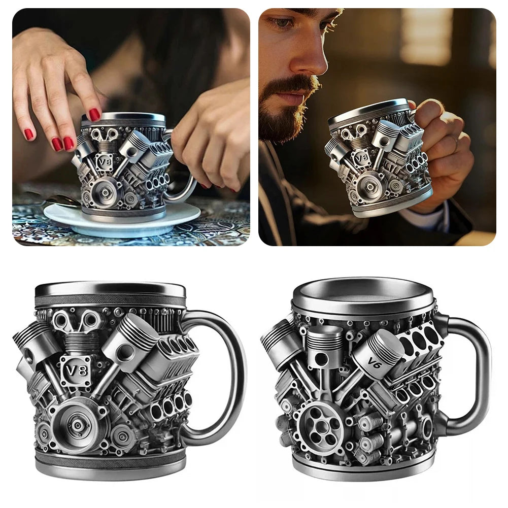 Coffee Mug Personalized Stainless Steel Mug Engine Design Punk-Style Drinking Cup Double-Wall Insulated Cup For Car Enthusiasts
