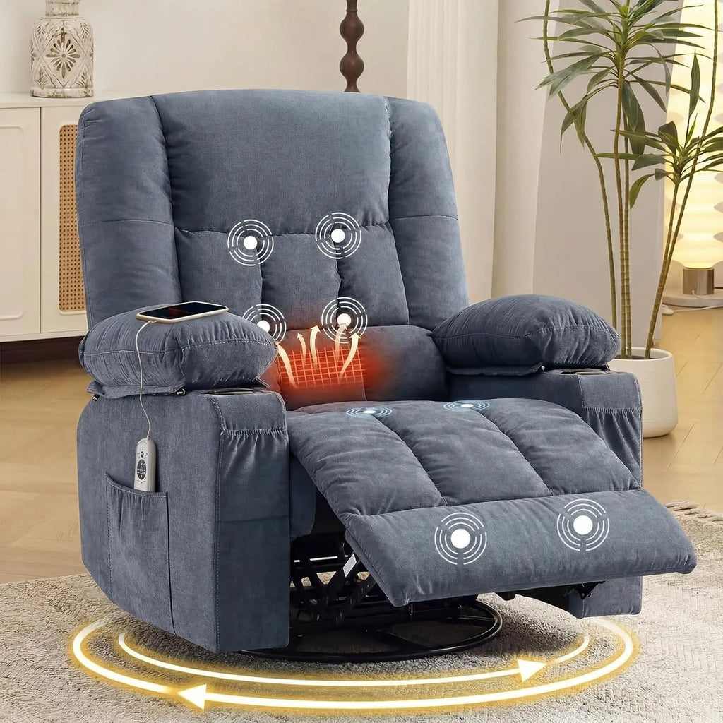 Swivel Rocker Recliner with Massage & Heat, Ergonomic Lounge Chair for Living Room with Pocket, 2 Cup Holders, USB, Customized