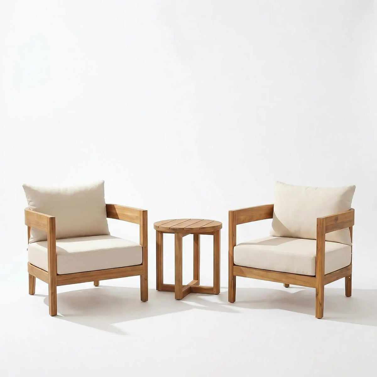 3-Piece Acacia Wood Patio Furniture Set, Outdoor Conversation Chairs with Coffee Table, Teak Beige