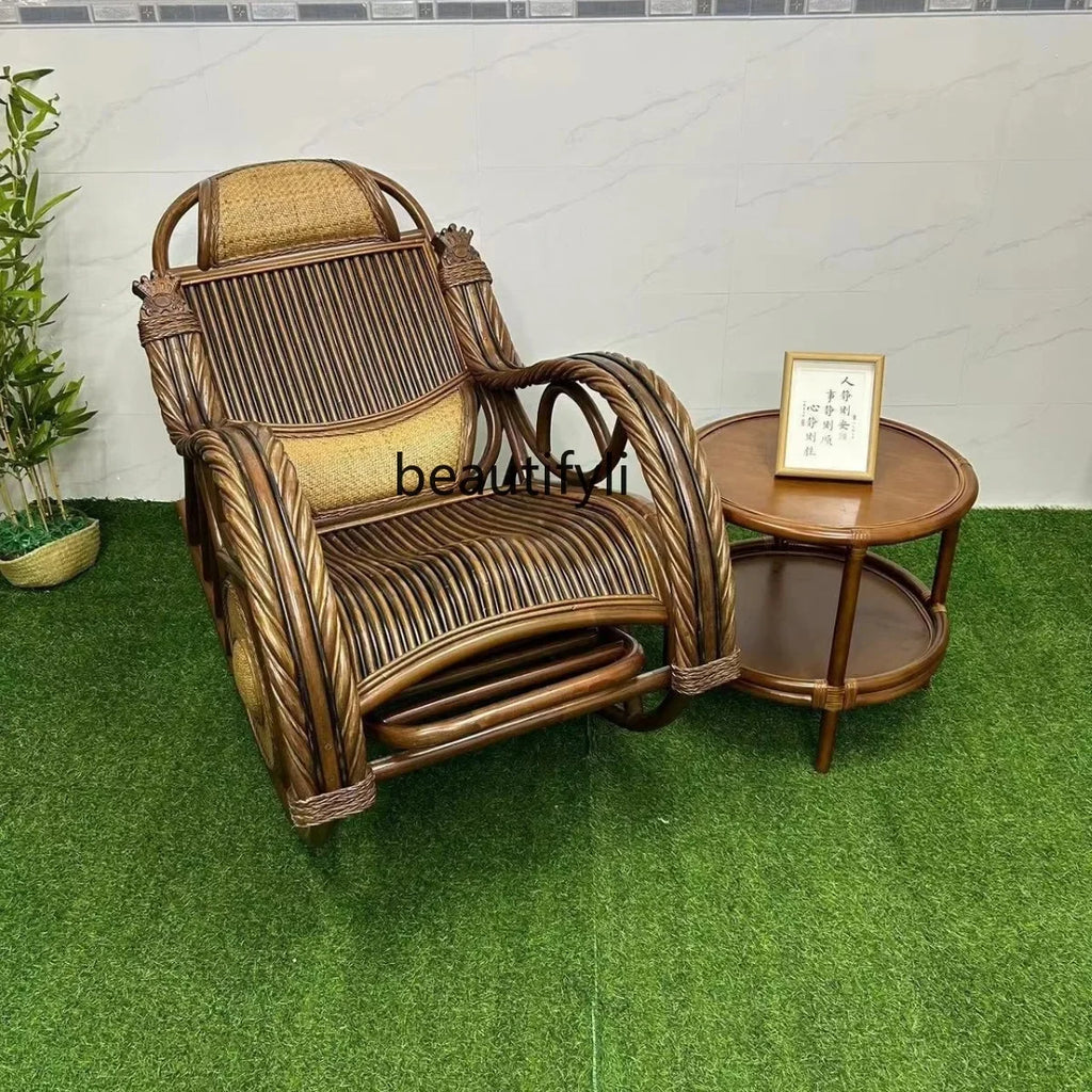 E153 Natural Real Rattan Elderly Nap Home Lazy Rocking Chair Adult Balcony Leisure Recliner
