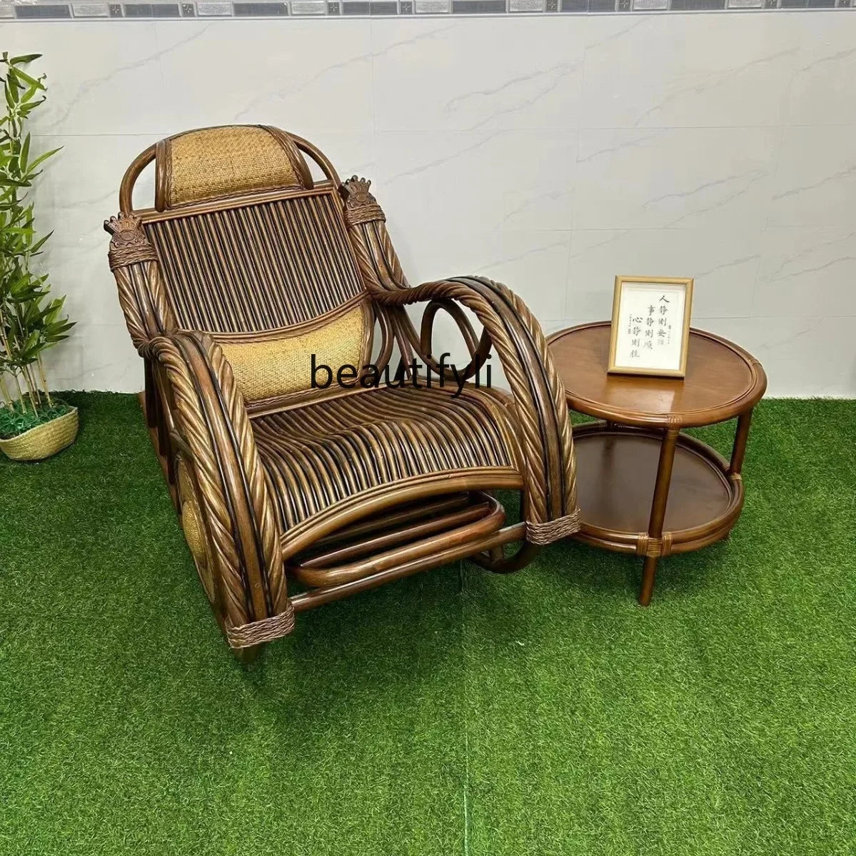 E153 Natural Real Rattan Elderly Nap Home Lazy Rocking Chair Adult Balcony Leisure Recliner