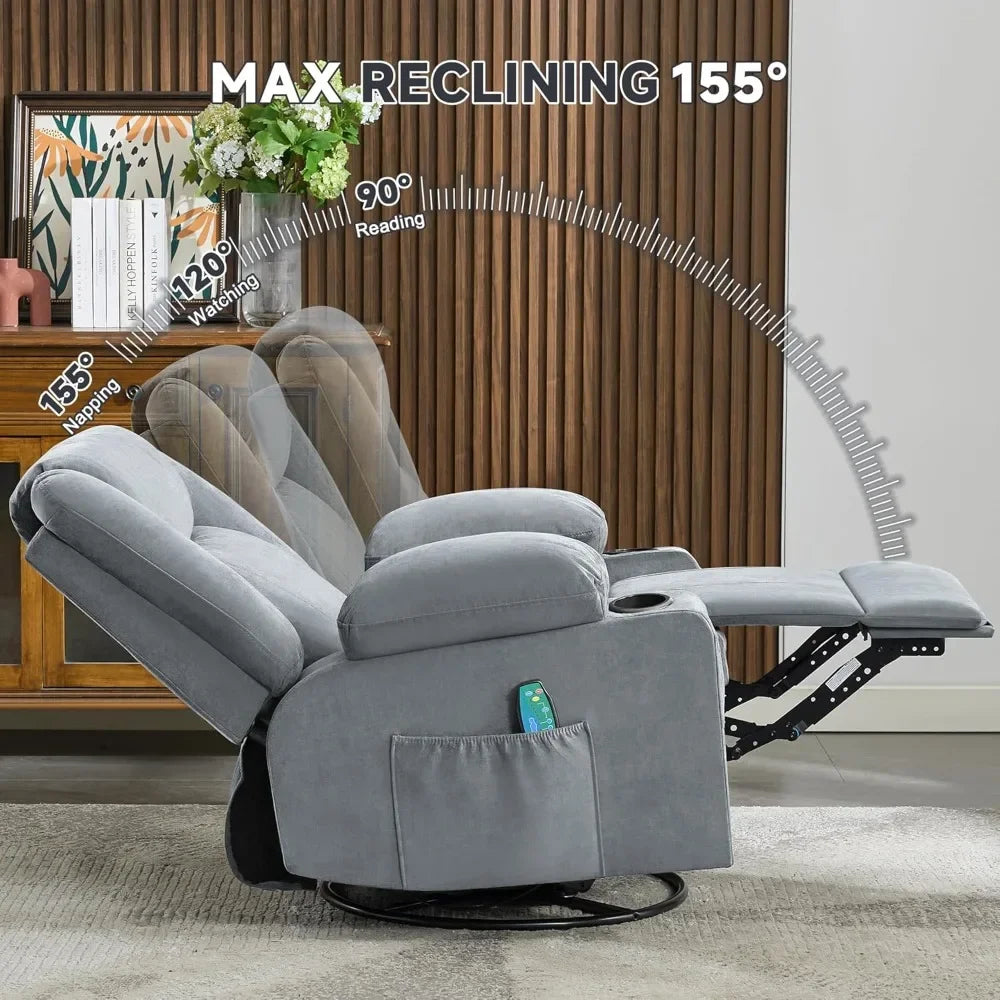 Swivel Recliner Chair with Vibration Massage & Lumbar Heat, Ergonomic Rocking Chair with Cup Holders for Living Room