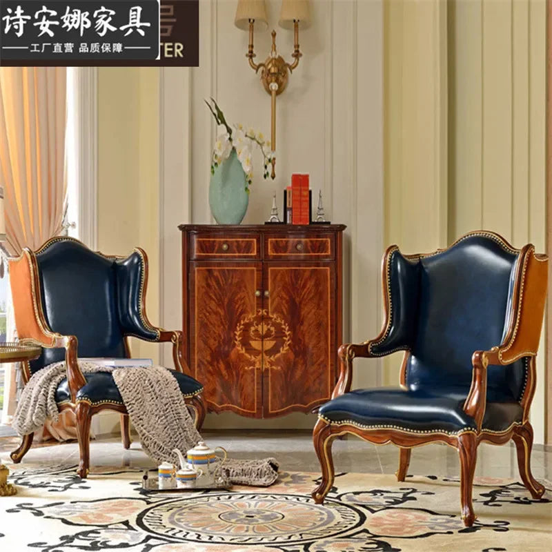 Luxury British Style Solid Wood Leather Single Sofa European American Villa Living Room Art Leisure Tiger Chair for Home