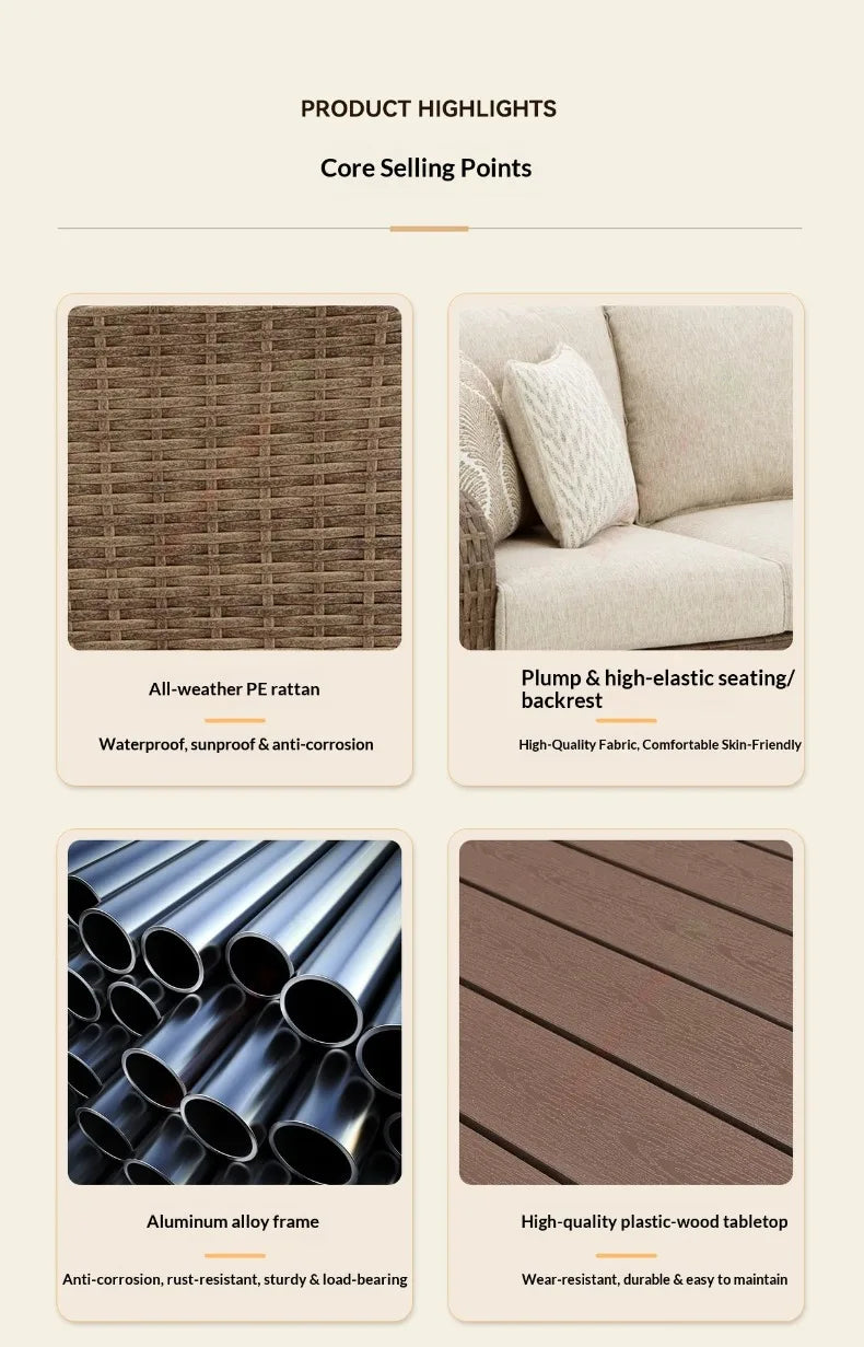 Outdoor PE Rattan Sofa Table Set, Waterproof Sun‑Resistant Patio Furniture for Garden, Balcony and Backyard Leisure Use