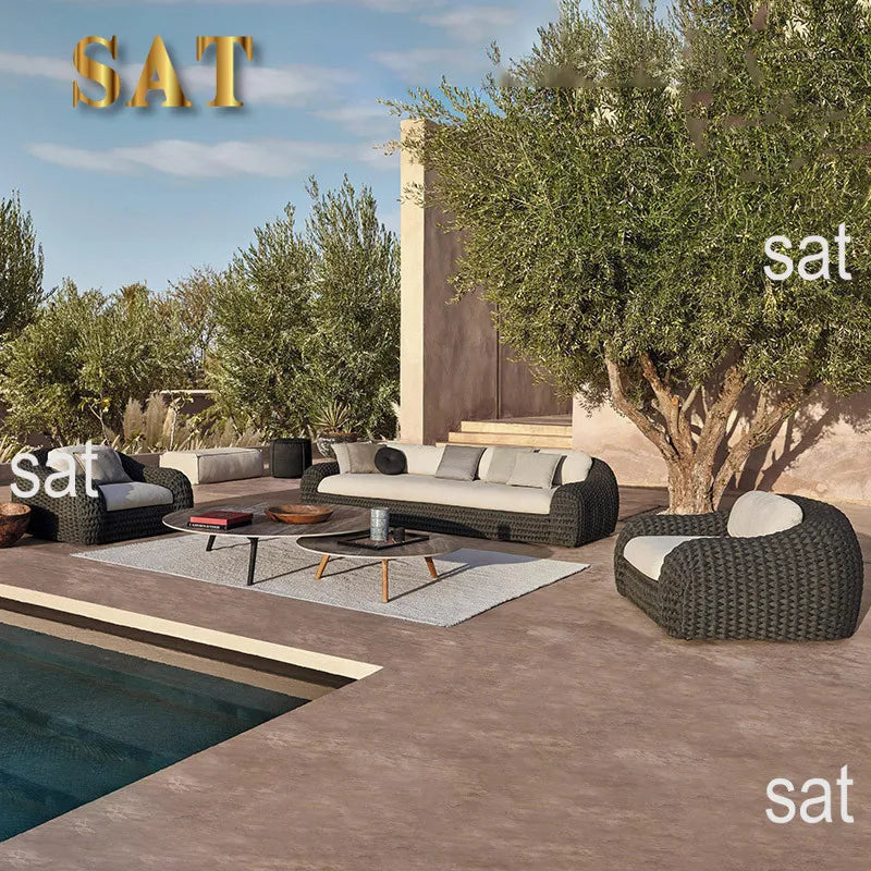 Outdoor sunscreen PE rattan rope sofa set with waterproof seat cushion Nordic design U-shaped removable garden furniture
