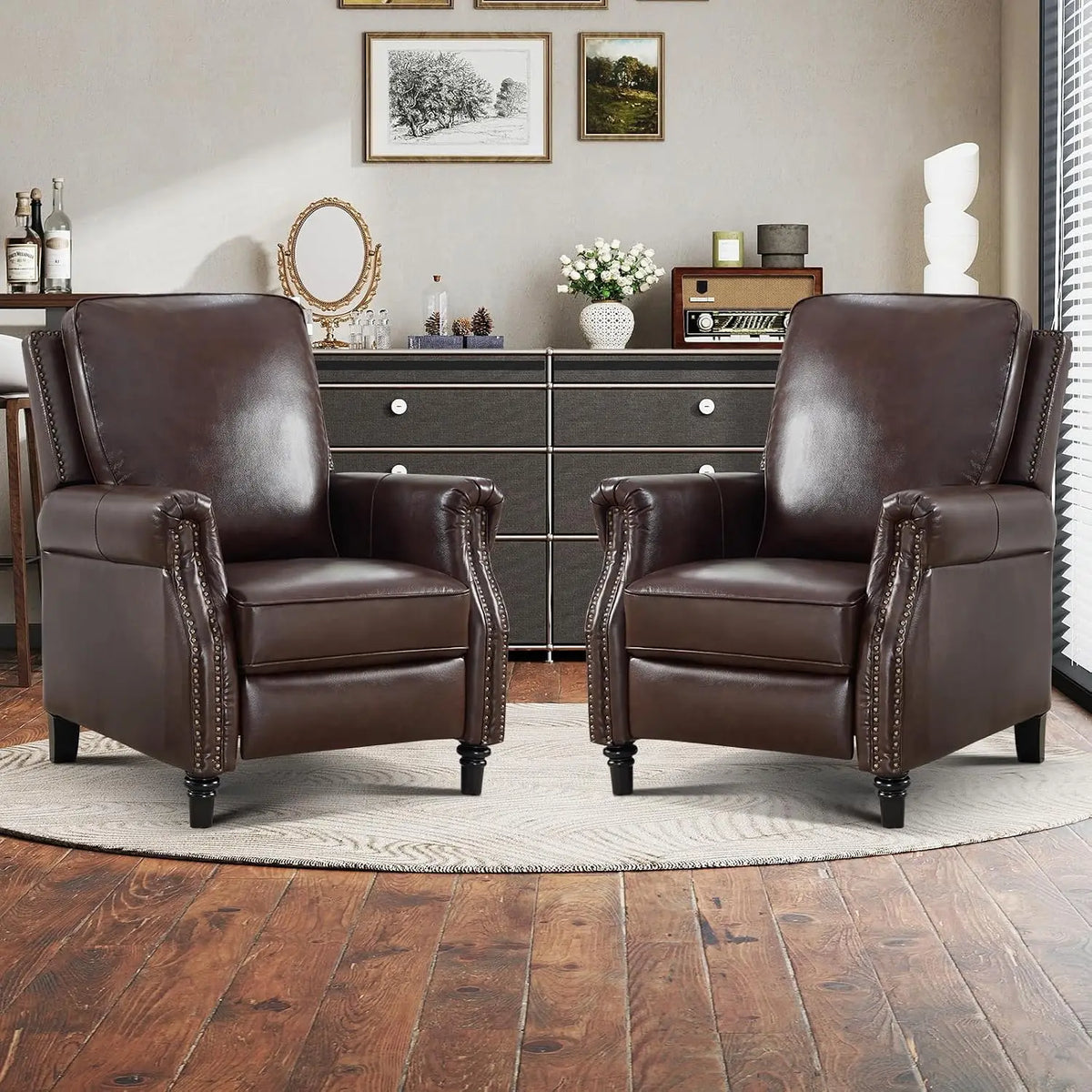 Genuine Leather Push Back Recliner with Padded Seat & Wingback, Rivet Single Sofa for Living Room, Dark Brown, Customized