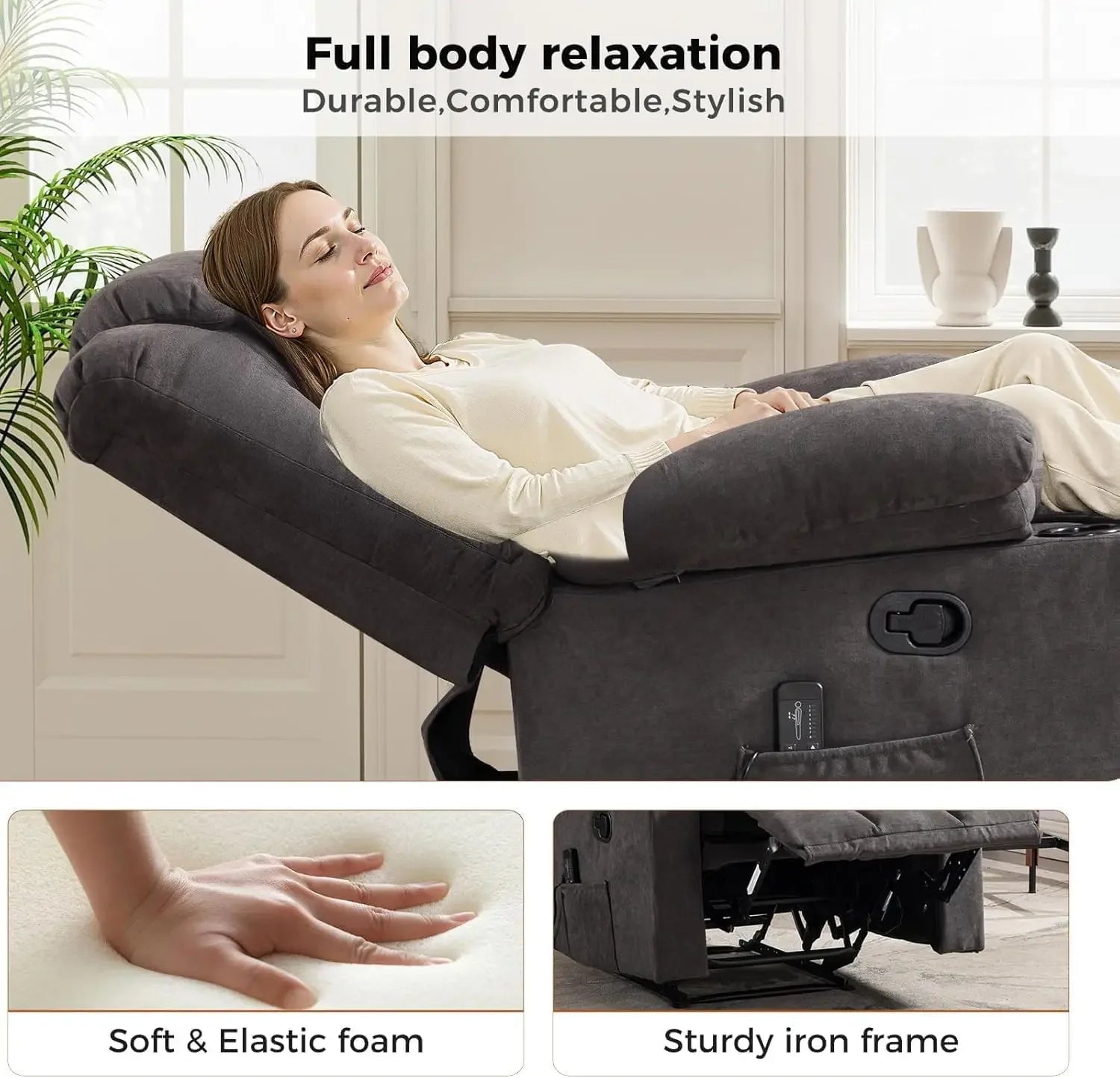 Manual massage heated adult recliner, armchair with two cup holders and side pockets, living room recliner sofa, gray