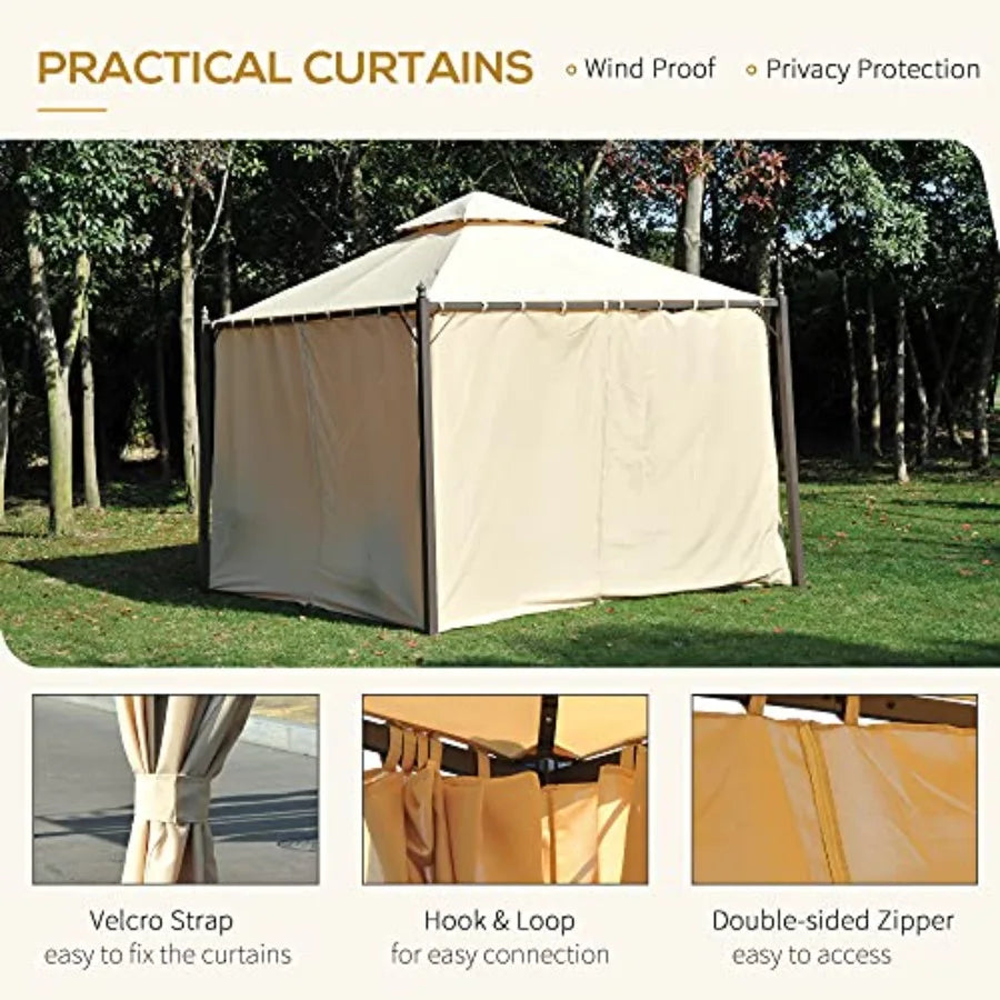 10' x 10' Steel Outdoor Patio Gazebo with Polyester Privacy Curtains Two-Tier Roof for Air Large Design