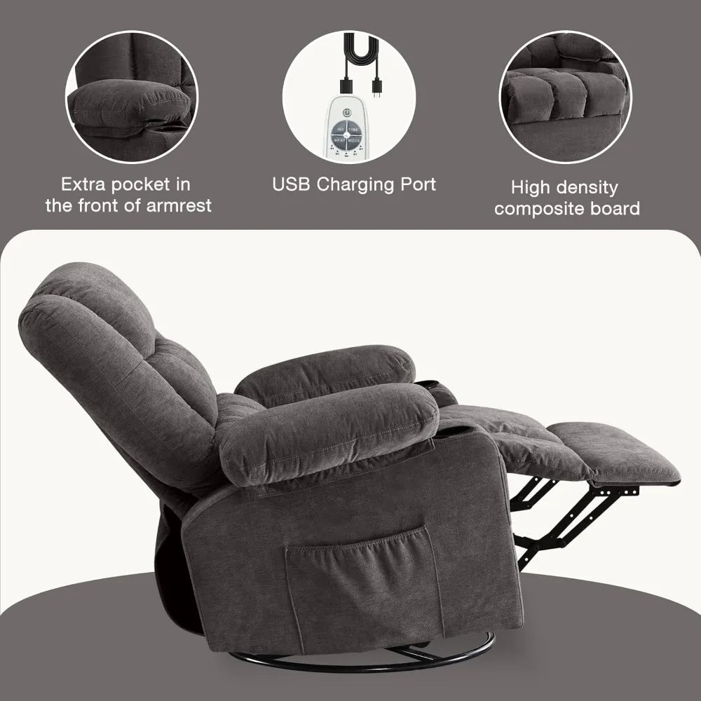 Massage Swivel Rocker Recliner Chair with Vibration & Heat, Ergonomic Lounge, USB Port, Cup Holders