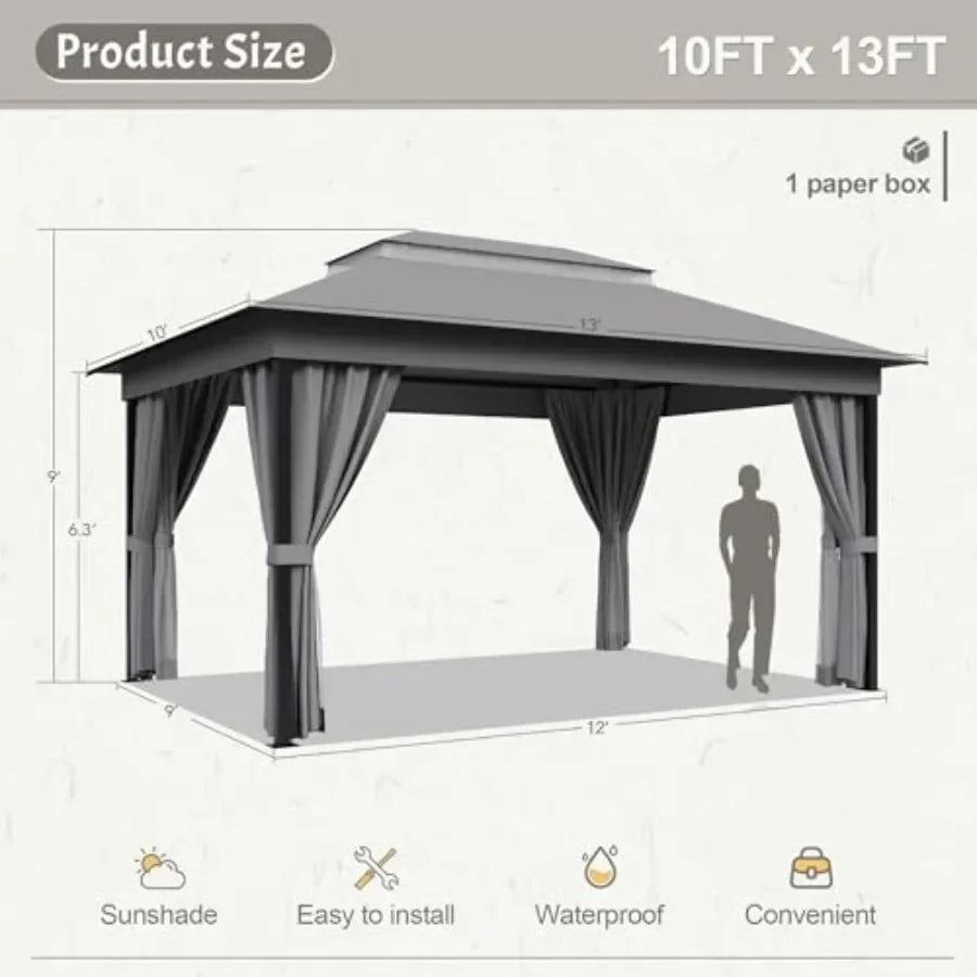 Outdoor Gazebo for Patio 10'x 13' Heavy Duty Metal Fe  with Expansion Bolts Double Roofs Party Tent Shelter with Mosquito Netti